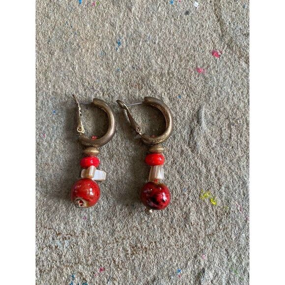 Vintage Earrings Hoop Faux Stone Red Silver Tone Pierced - Picture 6 of 7
